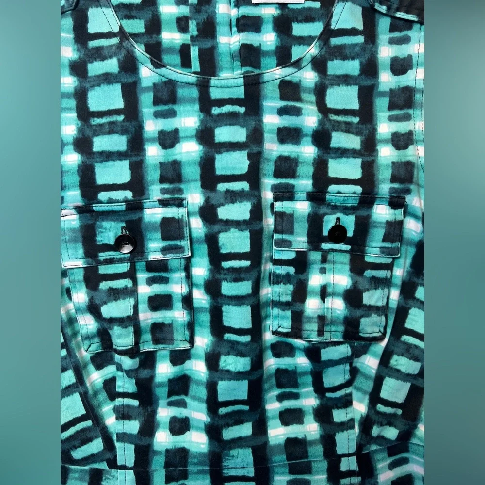 Marvin Richards Cotton Sheath Dress Teal Abstract Print Utility Pockets Size 4 - Picture 7 of 13
